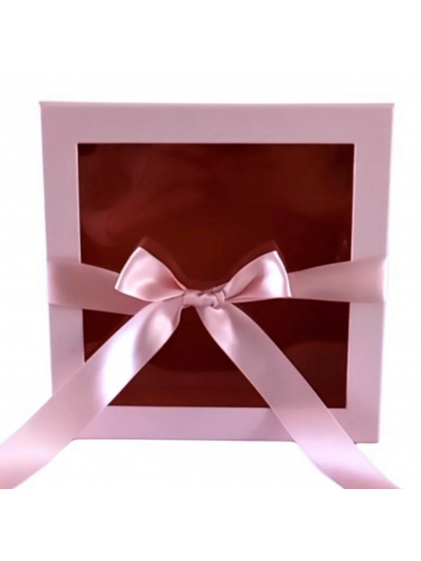 Krabica štvorec s priesvitným vekom a mašľou ružová